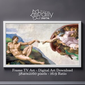 Puede incluir: Una impresión de arte digital de la famosa pintura de Miguel Ángel "La Creación de Adán". La impresión presenta una representación detallada de Dios tendiéndole la mano a Adán, con un grupo de ángeles rodeando a Dios. La impresión está disponible en una resolución de 3840x2160 píxeles con una relación de 16:9.