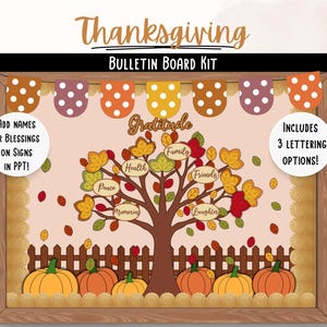 May include: A Thanksgiving bulletin board kit with a brown wooden frame. The bulletin board features a colorful fall tree with leaves and the words "Gratitude", "Family", "Health", "Peace", "Memories", "Friends", and "Laughter" on the leaves. The bulletin board also includes a banner of polka dot circles in brown, white, and purple. The bottom of the bulletin board has a fence with pumpkins in front of it.