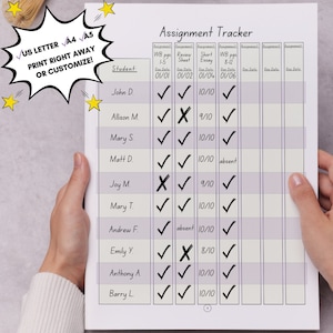 May include: A printable assignment tracker with a checklist for students. The tracker includes columns for student names, assignment names, due dates, and grades. The tracker is designed to help students stay organised and on top of their schoolwork.