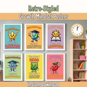 Retro Classroom Printable Growth Mindset Poster Door Sign Decor Classroom Motivational Kids Inspirational Quotes Class Decoration Wall Art