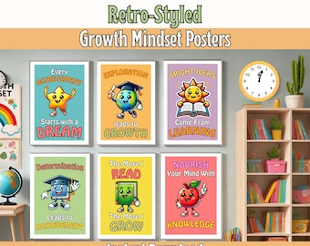 Retro Classroom Printable Growth Mindset Poster Door Sign Decor Classroom Motivational Kids Inspirational Quotes Class Decoration Wall Art