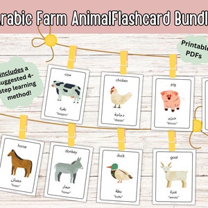 Arabische boerderijdieren Flashcards Engels tweetalige taal Thuisonderwijs PDF afdrukbare educatieve kaarten Montessori-matchingspel kinderen volwassenen