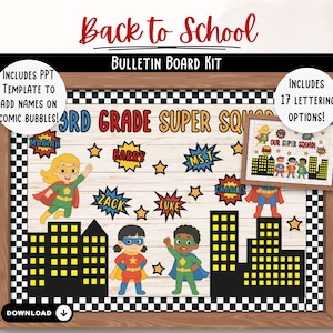 May include: A wooden bulletin board kit with a superhero theme. The text "Back to School" and "3rd Grade Super Squad" are displayed. Includes comic bubbles for names and 17 lettering options. Features cartoon superheroes and city skylines.