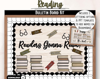 May include: A bulletin board kit with a wooden frame, featuring the text "Reading" and "Readers Gonna Read!" in black. Includes stacks of books, name tags, and a small framed image with the text "furry 6d 6d Booked!" and "Includes 2 Lettering Options & PPT Template to Add Names on Bookmarks!"