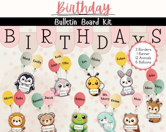 Animal Birthday Bulletin Board Kit Display, Interactive School Classroom Decor, Editable All About Me, Wall Office Art Easy Printable Color