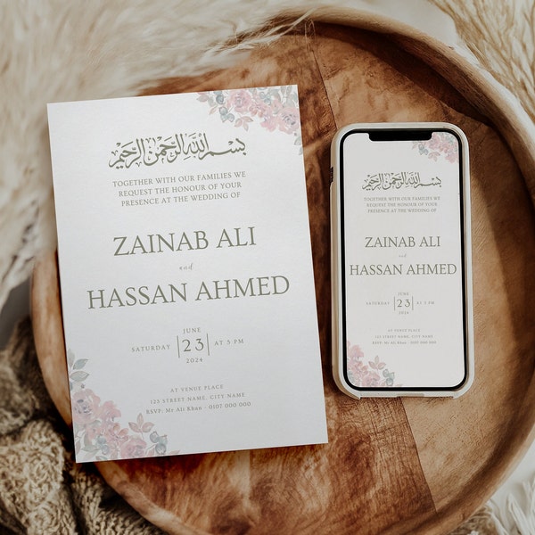 Muslim Wedding Invitation Template, easy to edit and perfect to share either digitally or to print it yourself.