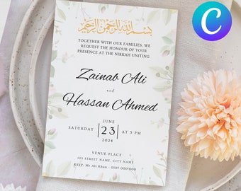 Editable Islamic Nikkah Invitation Template, Muslim Wedding Invite, Canva Template for Digital Download. Print it yourself or share online