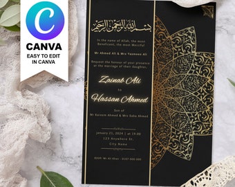 Black & Gold Islamic Nikkah Invitation Card – Luxury  Digital Islamic Nikah Invitation Card – Personalized Walimah Shaadi, Elegant, Einvite