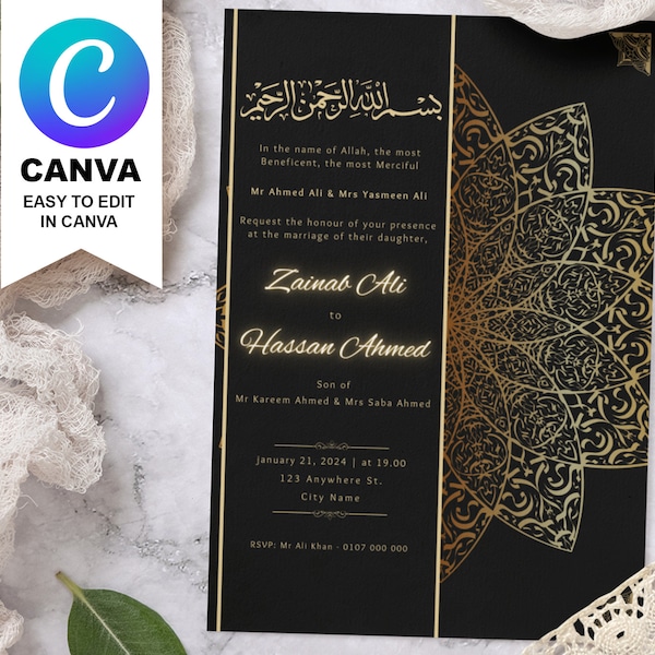 Black & Gold Islamic Nikkah Invitation Card – Luxury  Digital Islamic Nikah Invitation Card – Personalized Walimah Shaadi, Elegant, Einvite