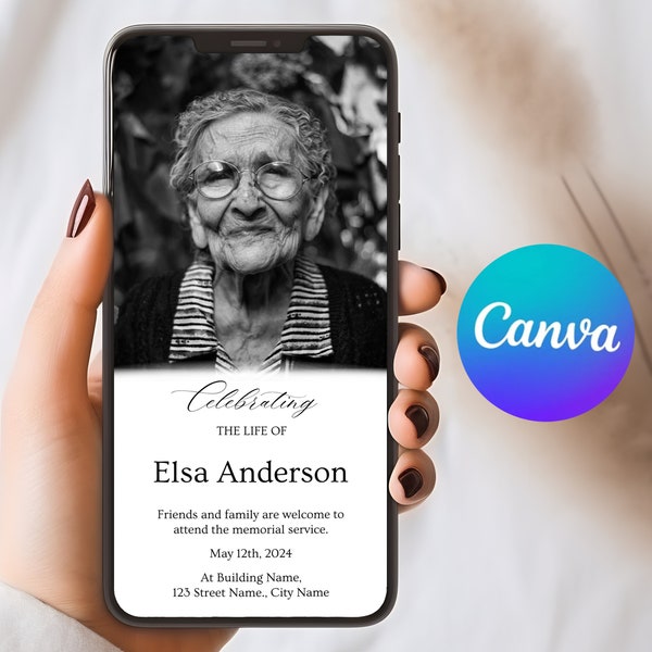 Digitale Beerdigungseinladungsvorlage - Bearbeitbare Gedenkeinladung - Feier des Lebens Telefon Evite - Digitale Textnachricht