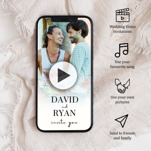 Bearbeitbare LGBT + Hochzeitseinladungsvideovorlage - Mr und Mr Engagement Card - Personalisierte standesamtliche Trauung, elegantes Design, Einvite Video