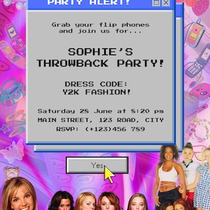May include: A digital party invitation with a blue and gray window frame. The text reads "PARTY ALERT!" and "SOPHIE'S THROWBACK PARTY!" with a dress code of "Y2K FASHION!" The invitation details a party on Saturday, June 28th at 8:20 pm at 123 Road, City. The RSVP number is (+123) 456 789. The invitation features a collage of images from the early 2000s, including a butterfly, a heart, a cassette tape, and a flip phone.