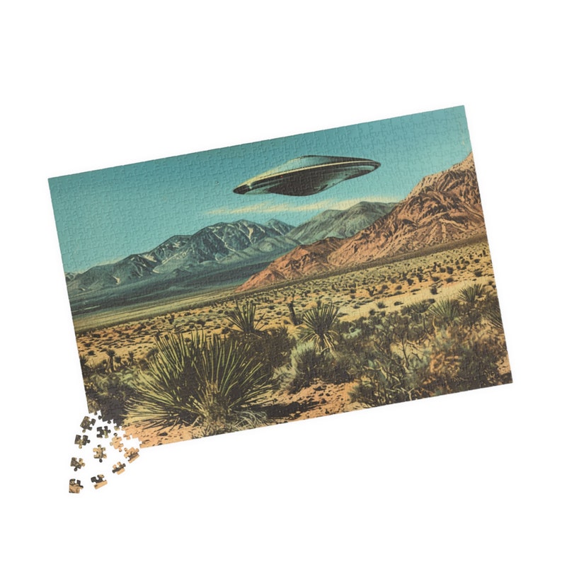Southwestern Art, Cool Hip Gift, Housewarming Gift, 1950s, UFO Puzzle, Puzzle for Adults, Trendy Aesthetic, Trendy Gifts, Retro Western, Custom Jigsaw Puzzle, Gift for Boyfriend, Quirky Home Decor, 1000 Piece Puzzle, Gift for Husband, Vintage Western