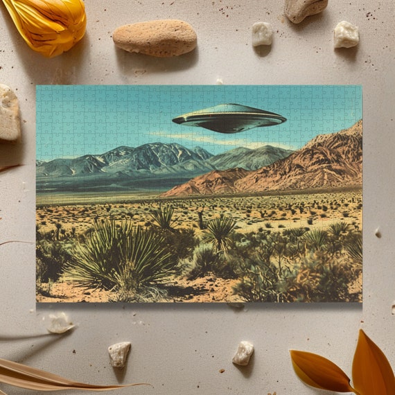 Southwestern 1950s UFO Puzzle for Adults Trendy Aesthetic Gifts Retro Western Custom Jigsaw Puzzle Gift for Boyfriend Quirky Home Decor 1000