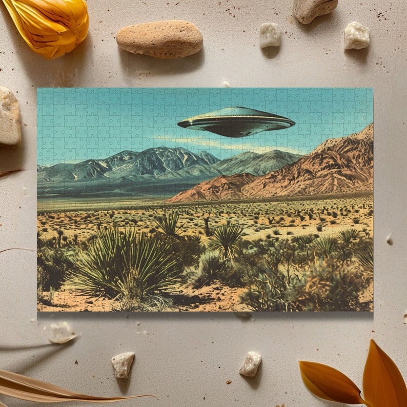 Southwestern Art, Cool Hip Gift, Housewarming Gift, 1950s, UFO Puzzle, Puzzle for Adults, Trendy Aesthetic, Trendy Gifts, Retro Western, Custom Jigsaw Puzzle, Gift for Boyfriend, Quirky Home Decor, 1000 Piece Puzzle, Gift for Husband, Vintage Western