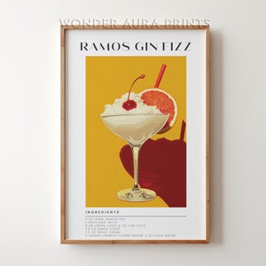 Ramos Gin Fizz Cocktail Print, Klassieke Alcohol Cocktail, Retro Cocktail, Bar Cart Decor Print, Afdrukbare digitale download Wonder Aura Prints