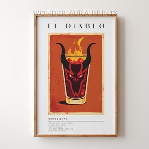 Wydruk koktajlowy El Diablo, klasyczny koktajl alkoholowy, koktajl retro, wydruk dekoracyjny wózka barowego, do pobrania w wersji cyfrowej Wonder Aura Prints