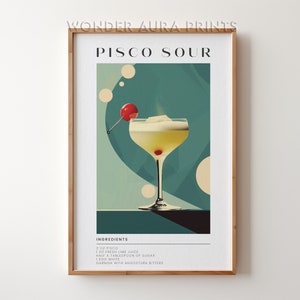 Stampa cocktail Pisco Sour, cocktail alcolico classico, cocktail retrò, stampa arredamento carrello bar, download digitale stampabile stampe Wonder Aura