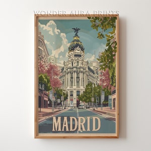 Impresión de viaje de Madrid, cartel de viaje vintage de Madrid, cartel de la ciudad imprimible, descarga digital, impresiones de arte de pared Trendy Wonder Aura Prints