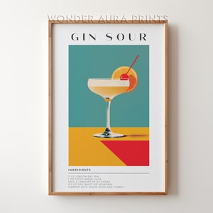 Gin Sour Cocktail Print, Klassieke Alcohol Cocktail, Retro Cocktail, Bar Cart Decor Print, Afdrukbare digitale download Wonder Aura Prints