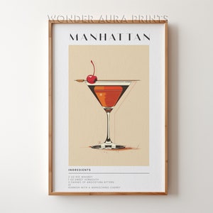 Manhattan Cocktail Print, Klassieke Alcohol Cocktail, Retro Cocktail, Bar Cart Decor Print, Afdrukbare digitale download Wonder Aura Prints