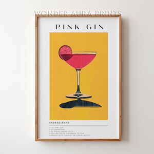 Pink Gin Cocktail Print, Klassieke Alcohol Cocktail, Retro Cocktail, Bar Cart Decor Print, Afdrukbare digitale download Wonder Aura Prints