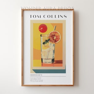 Impresión de cóctel Tom Collins, cóctel de alcohol clásico, cóctel retro, impresión de decoración de carrito de bar, descarga digital imprimible Wonder Aura Prints