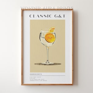Klassieke G&T Gin Tonic Cocktail Print, Klassieke Alcohol Cocktail, Retro Cocktail, Bar Cart Decor Print, Digitale Download Wonder Aura Prints
