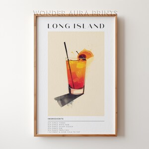 Long Island Cocktail Print, Klassieke Alcohol Cocktail, Retro Cocktail, Bar Cart Decor Print, Afdrukbare digitale download Wonder Aura Prints