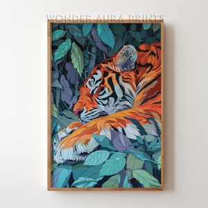 Tiger Sleeping in Jungle, Maximalist Wall Decor, Orange Tiger Wall Art Jungle Wall Decor Printable Digital Download Wonder Aura Prints
