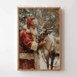 Papai Noel com rena vintage impressão de arte de parede de Natal, decoração digital de Natal impressão de arte de parede de inverno pintura a óleo arte de parede impressões de aura maravilhosa