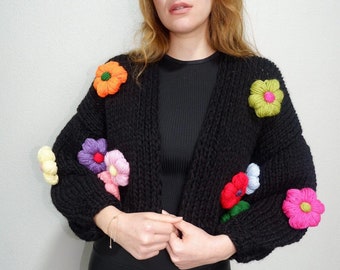Daisy Cardigan for Women,Floral Sweater,Black Cardigan,Chunky Knit Cardigan,Oversized Flower Jacket,Colorful Sweater,Trendy Women's Clothing