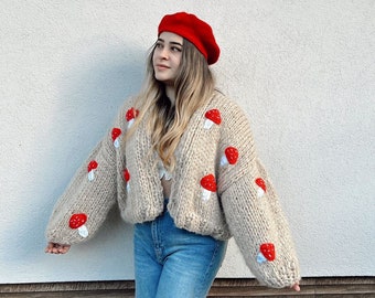 Mushroom Knit Cardigan,Red Mushroom Embroidery Sweater,Soft Mohair Cardigan,Fluffy Sweater,Cottagecore Cardigan,Trendy Women's Clothing