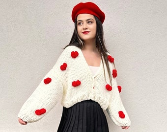 Red Heart Cardigan for Women,Heart Embroidery Cardigan,3D Heart Love Vest,Soft White Mohair Cardigan,Heart Knitwear,Gifts for Girlfriend