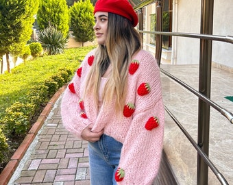 Strawberry Crop Cardigan,Pink Strawberry Sweater,Oversized Knit Cardigan,Soft Mohair Cardigan,Handmade Embroidery Cardigan,Fruit Knitwear