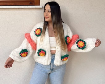 3D Flower Chunky Crop Woman Sweater,Flower Embroidered Cardigan,Multicolor Floral Sweater,Big Flowers Jacket,Oversize Knitted,Gift For Her