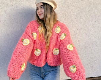 Lemon Embroidery Sweater,Chunky Lemon Cardigan for Women,Pink Mohair Sweater, Oversized Crop Cardigan,Birthday Gift for Her,Handmade Sweater