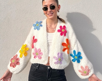 Daisy Flower Embroidered Mohair Cardigan,White Cropped Open Front Cardigan,Colorful Oversized Mohair Cardigan,Lightweight Loose Knit Sweater