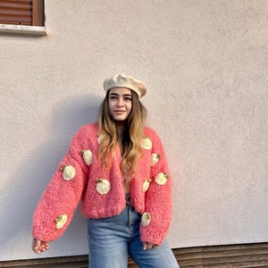 Lemon Embroidery Sweater,Chunky Lemon Cardigan for Women,Pink Mohair Sweater, Oversized Crop Cardigan,Birthday Gift for Her,Handmade Sweater image 3