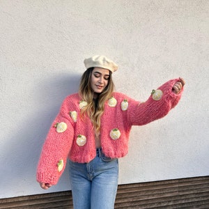 Lemon Embroidery Sweater,Chunky Lemon Cardigan for Women,Pink Mohair Sweater, Oversized Crop Cardigan,Birthday Gift for Her,Handmade Sweater image 2