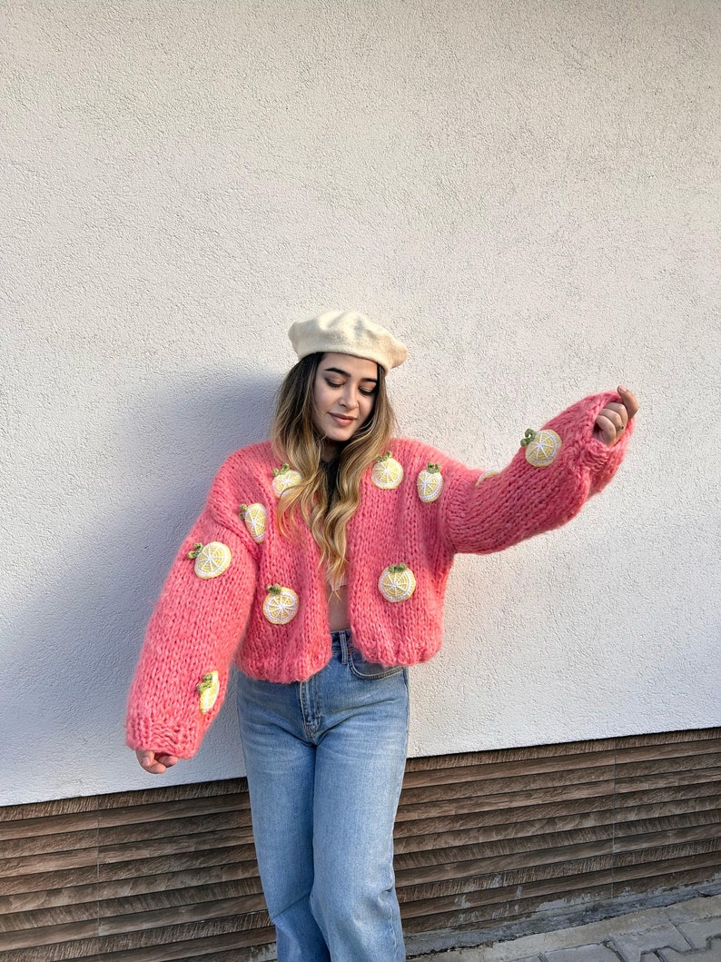 Lemon Embroidery Sweater,Chunky Lemon Cardigan for Women,Pink Mohair Sweater, Oversized Crop Cardigan,Birthday Gift for Her,Handmade Sweater image 2