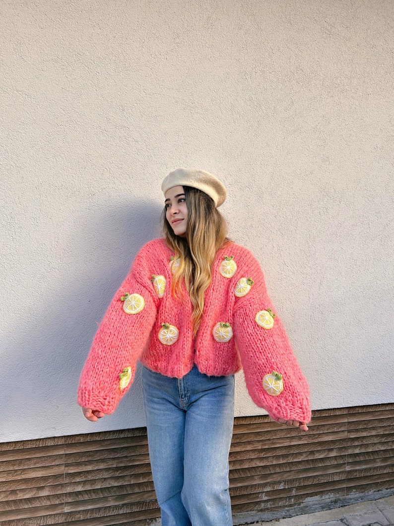 Lemon Embroidery Sweater,Chunky Lemon Cardigan for Women,Pink Mohair Sweater, Oversized Crop Cardigan,Birthday Gift for Her,Handmade Sweater image 1