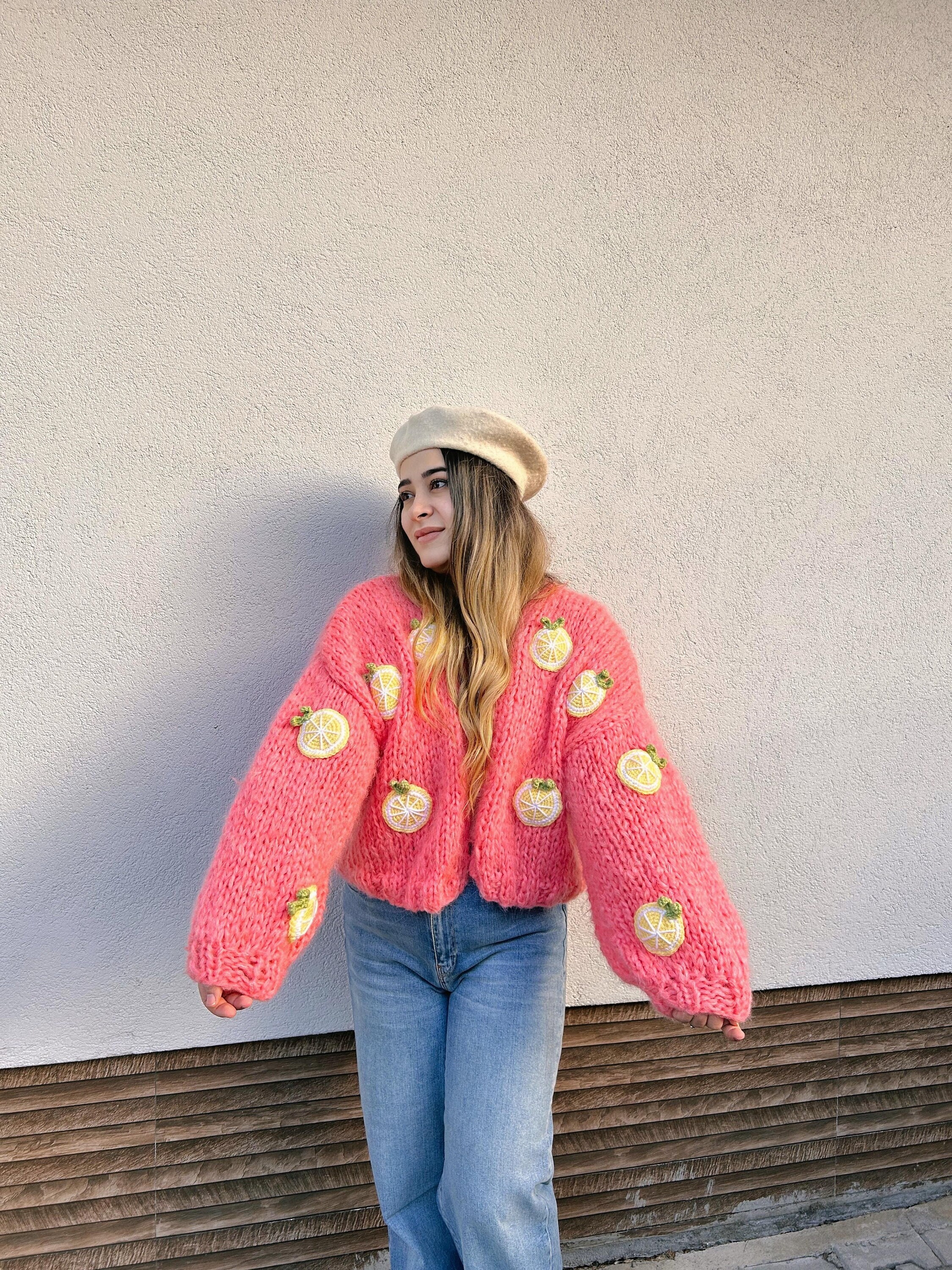 高品質の人気 - Sweater Knit Lemon Chunky Mohair Handmade - Cardigan Pink トップス