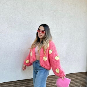 Lemon Embroidery Sweater,Chunky Lemon Cardigan for Women,Pink Mohair Sweater, Oversized Crop Cardigan,Birthday Gift for Her,Handmade Sweater image 5