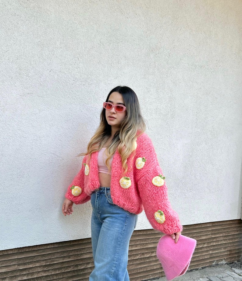 Lemon Embroidery Sweater,Chunky Lemon Cardigan for Women,Pink Mohair Sweater, Oversized Crop Cardigan,Birthday Gift for Her,Handmade Sweater image 5