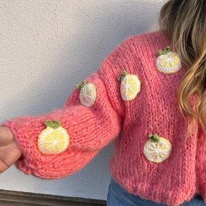 Lemon Embroidery Sweater,Chunky Lemon Cardigan for Women,Pink Mohair Sweater, Oversized Crop Cardigan,Birthday Gift for Her,Handmade Sweater image 7