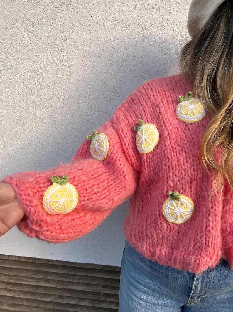 Lemon Embroidery Sweater,Chunky Lemon Cardigan for Women,Pink Mohair Sweater, Oversized Crop Cardigan,Birthday Gift for Her,Handmade Sweater image 7