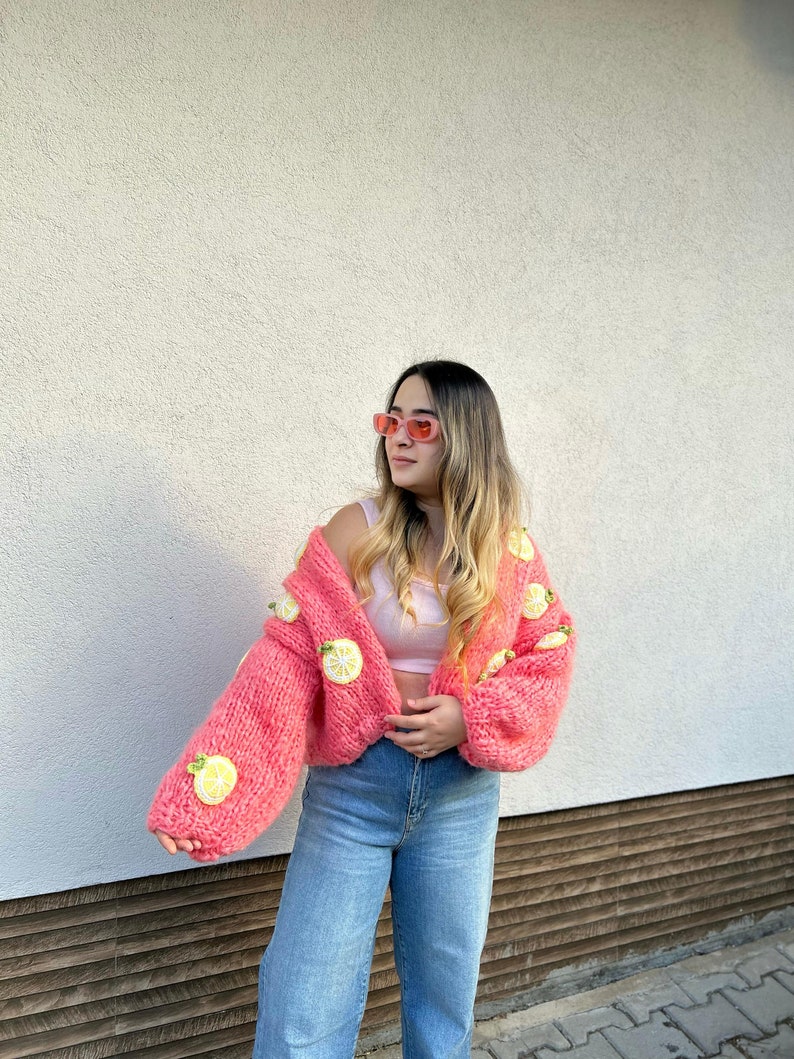 Lemon Embroidery Sweater,Chunky Lemon Cardigan for Women,Pink Mohair Sweater, Oversized Crop Cardigan,Birthday Gift for Her,Handmade Sweater image 6