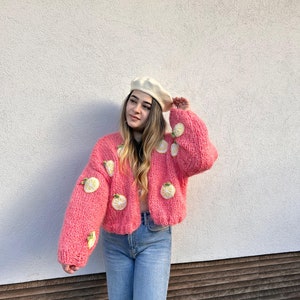 Lemon Embroidery Sweater,Chunky Lemon Cardigan for Women,Pink Mohair Sweater, Oversized Crop Cardigan,Birthday Gift for Her,Handmade Sweater image 4