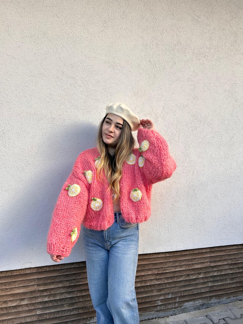 Lemon Embroidery Sweater,Chunky Lemon Cardigan for Women,Pink Mohair Sweater, Oversized Crop Cardigan,Birthday Gift for Her,Handmade Sweater image 4